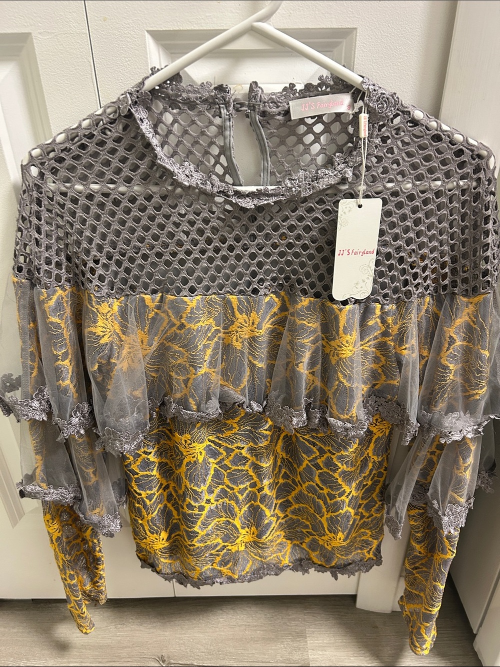 Grey and Mustard Floral Lace Mesh Blouse
